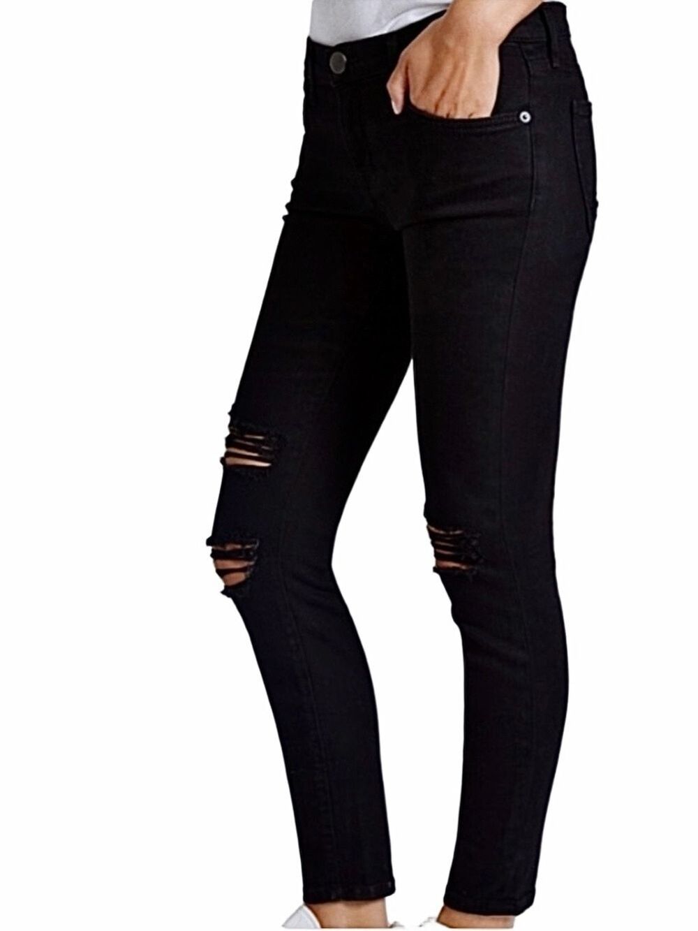 NWT Current Elliott premium denim The Stiletto black destroyed skinny jeans 25